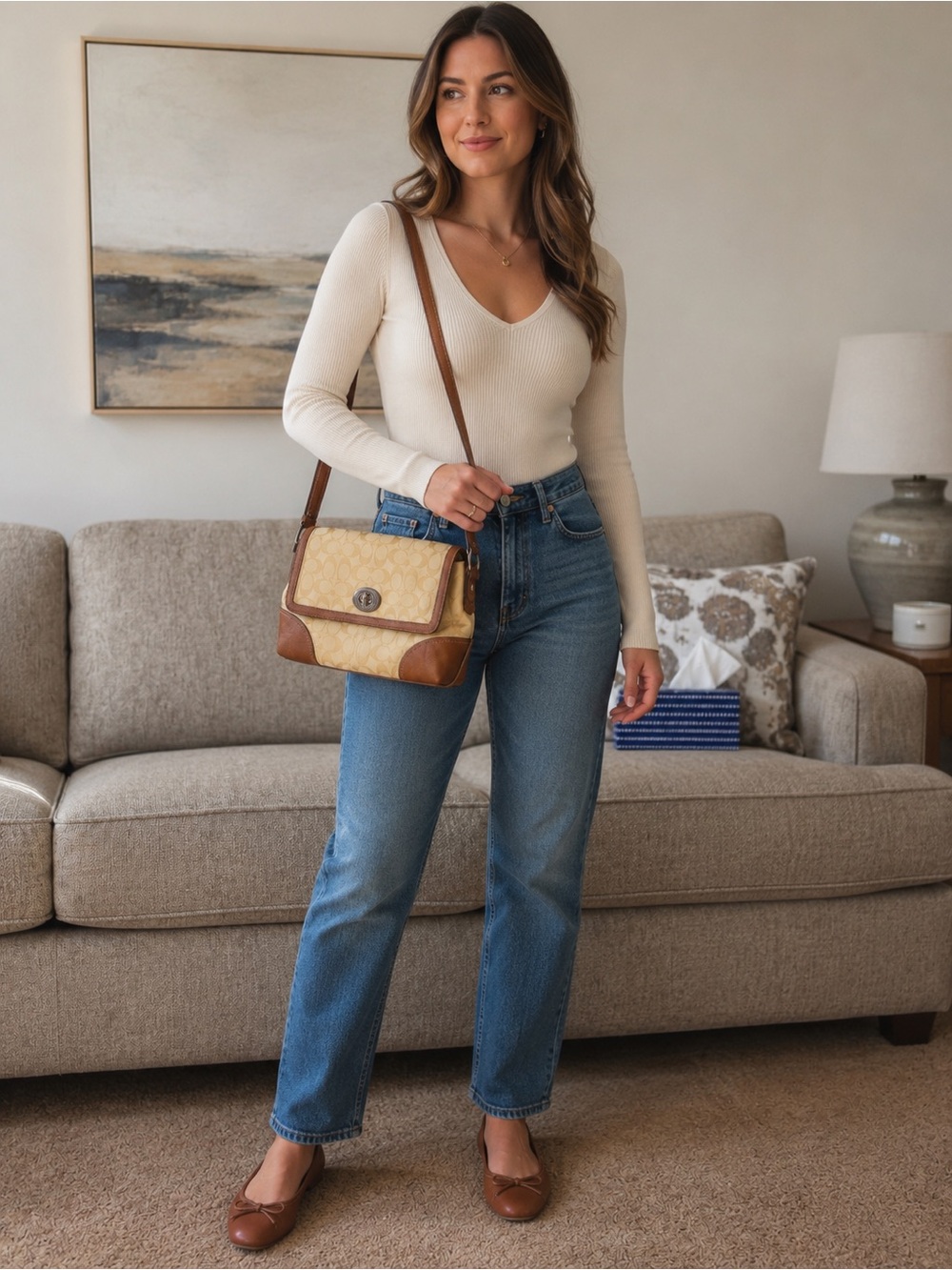 Coach Rare Signature Lemon Yellow Hampton Khaki Canvas Leather Shoulder Bag